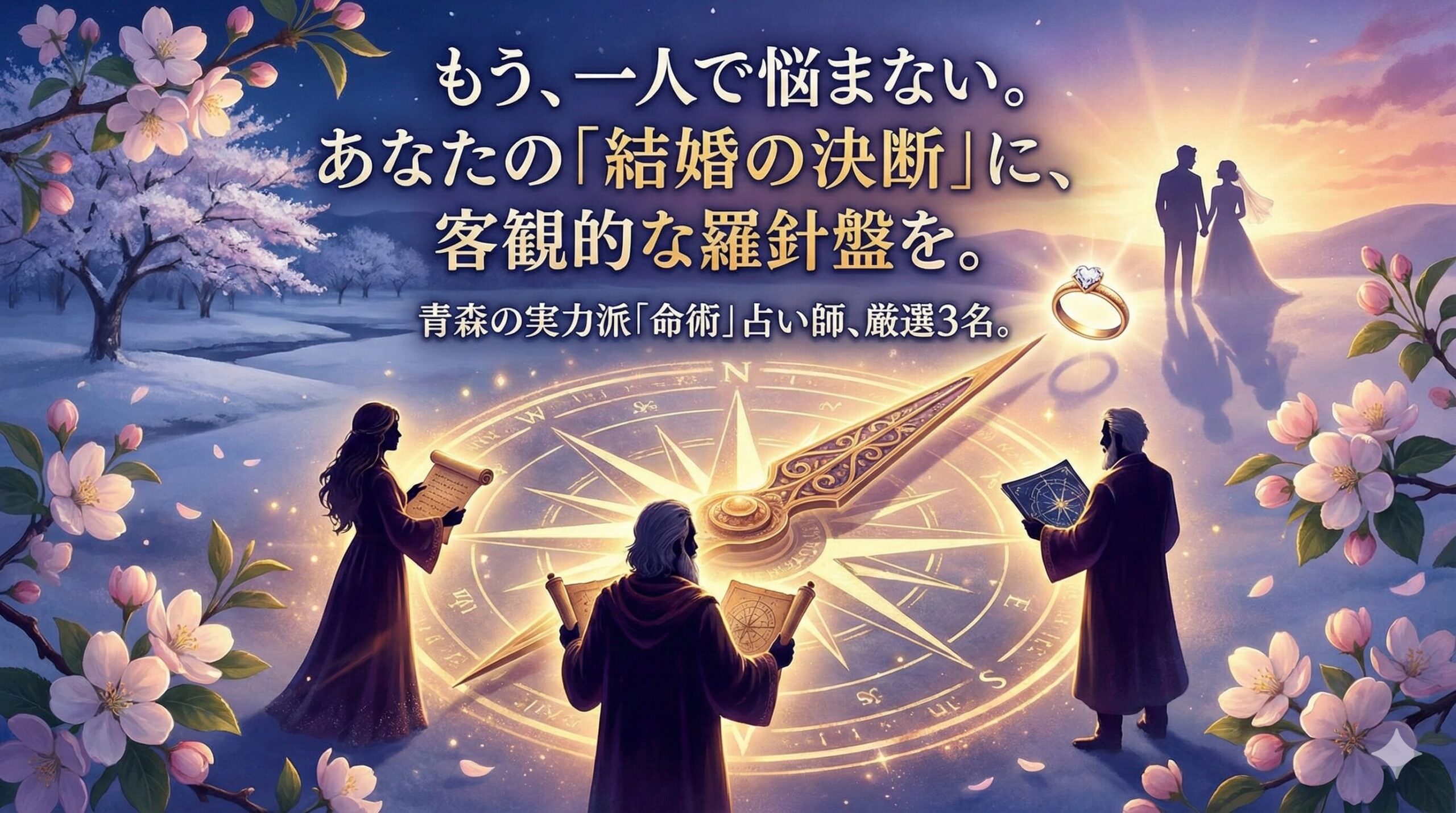 もう、一人で悩まない。あなたの「結婚の決断」に、客観的な羅針盤を。青森の実力派「命術」占い師、厳選3名。