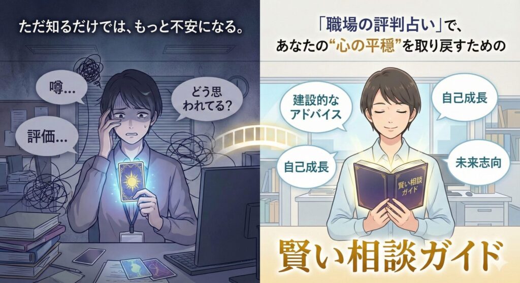 ただ知るだけでは、もっと不安になる。「職場の評判占い」で、あなたの“心の平穏”を取り戻すための賢い相談ガイド。