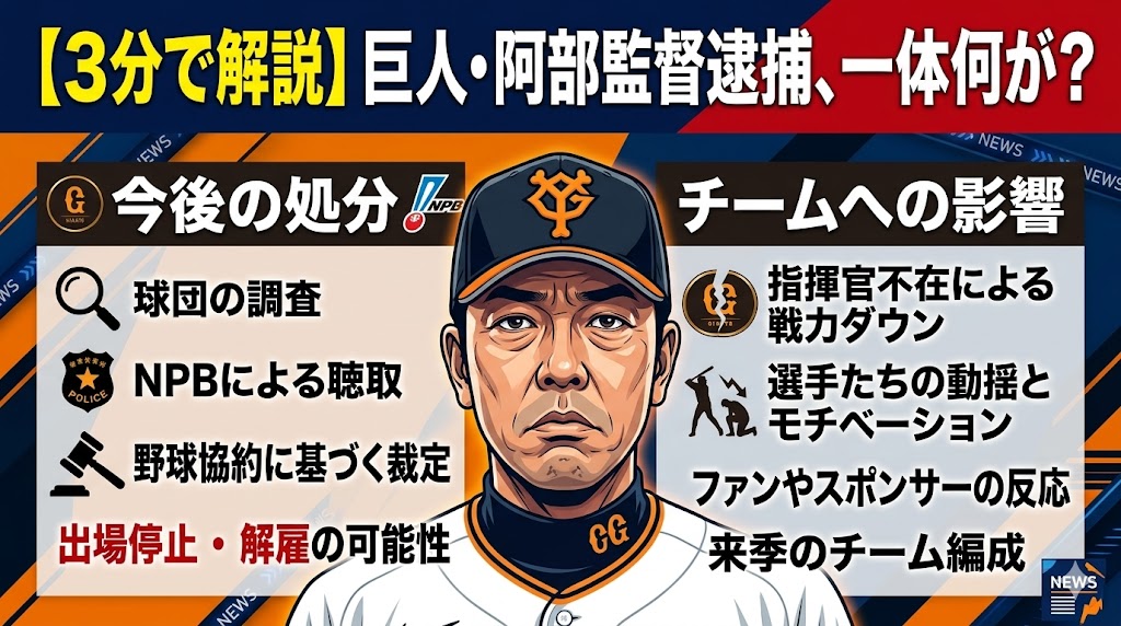 【3分で解説】巨人・阿部監督逮捕、一体何が？今後の処分とチームへの影響を徹底整理