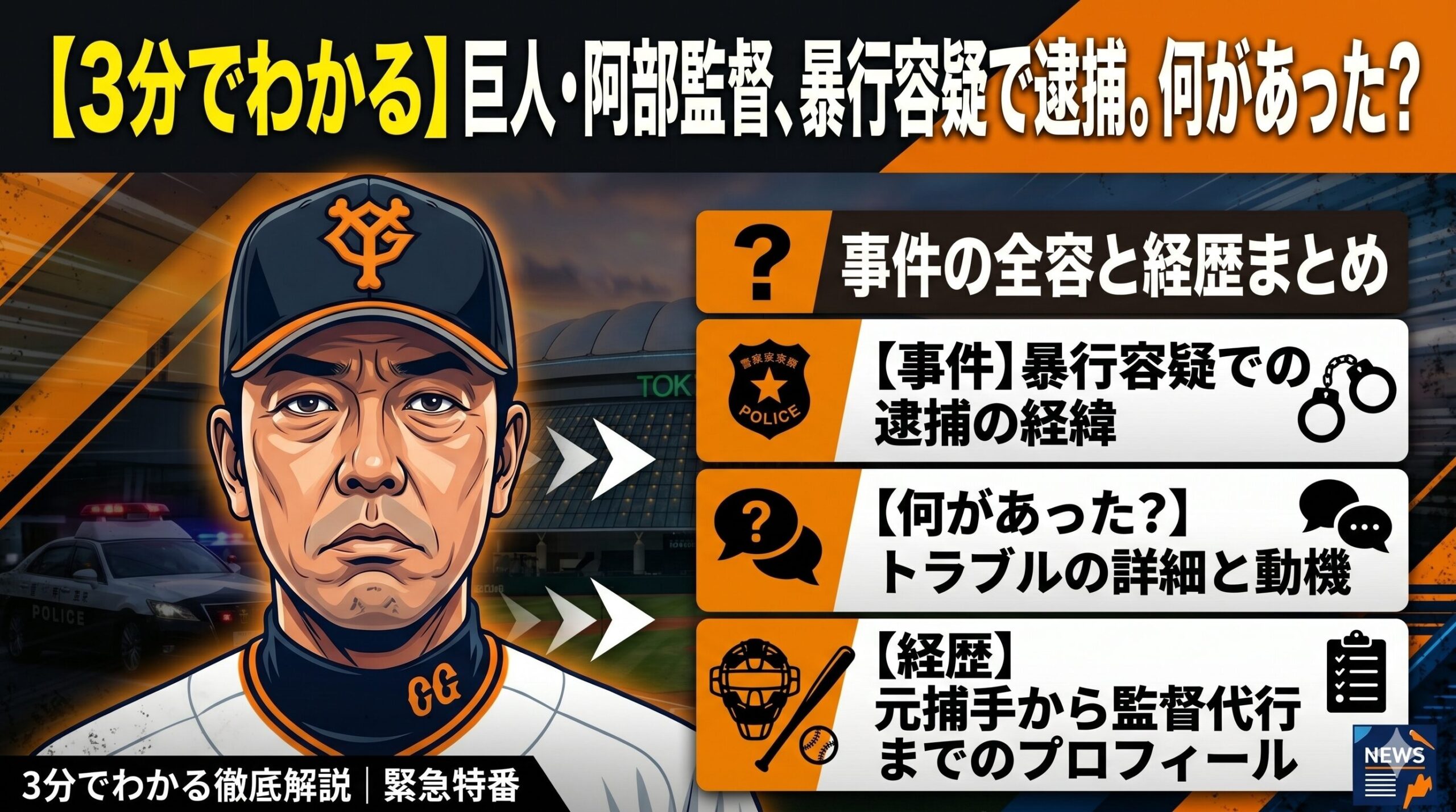 【3分でわかる】巨人・阿部監督、暴行容疑で逮捕。何があった?経歴・プロフィールまとめ
