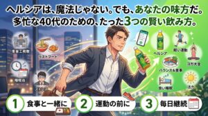 ヘルシアは、魔法じゃない。でも、あなたの味方だ。多忙な40代のための、たった3つの賢い飲み方。