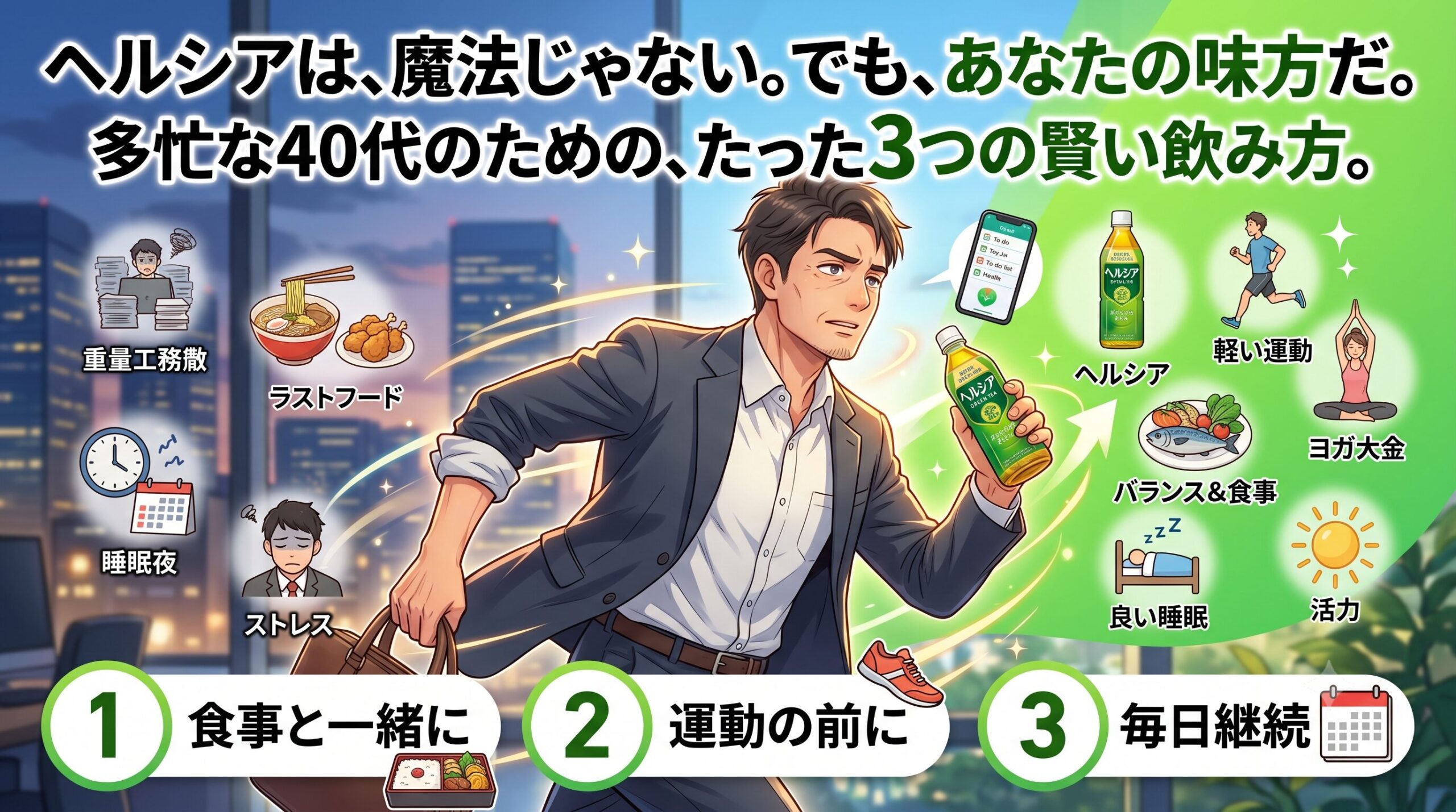 ヘルシアは、魔法じゃない。でも、あなたの味方だ。多忙な40代のための、たった3つの賢い飲み方。